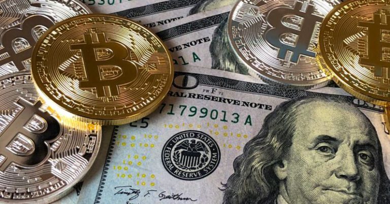 Blockchain - Bitcoins and U.s Dollar Bills